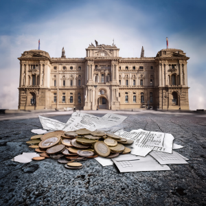 firefly an image depicting the government palace of peru with visible cracks in its walls, symbolizi00